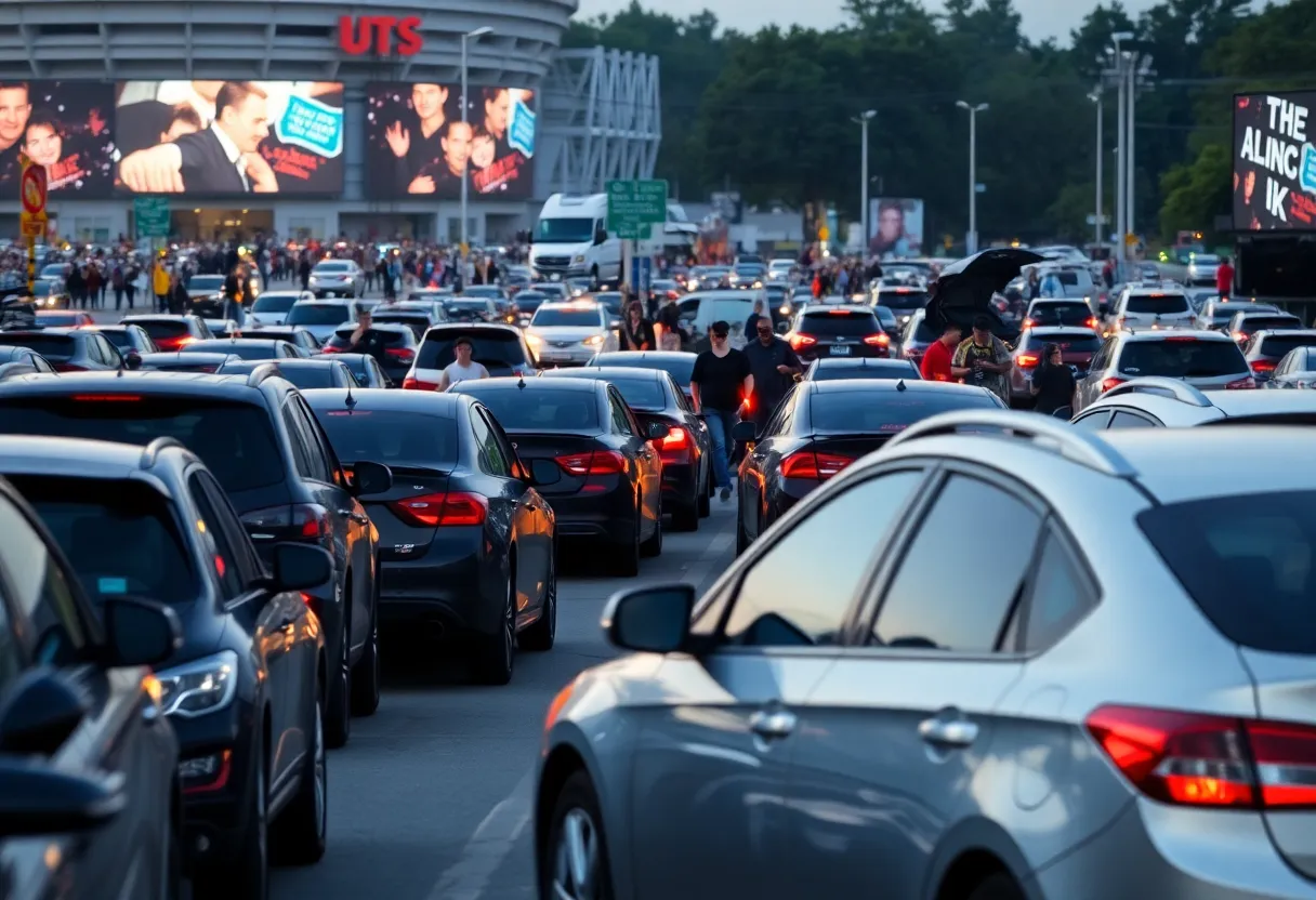 Crowd walking to a concert amidst traffic congestion