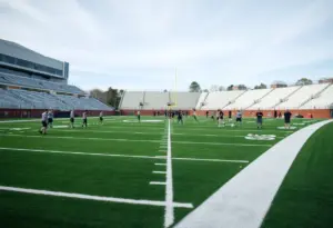 University of North Carolina football players practicing on the field
