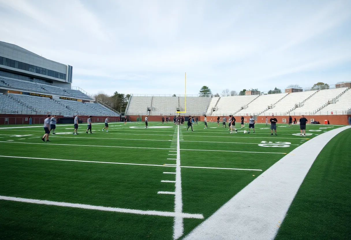 University of North Carolina football players practicing on the field