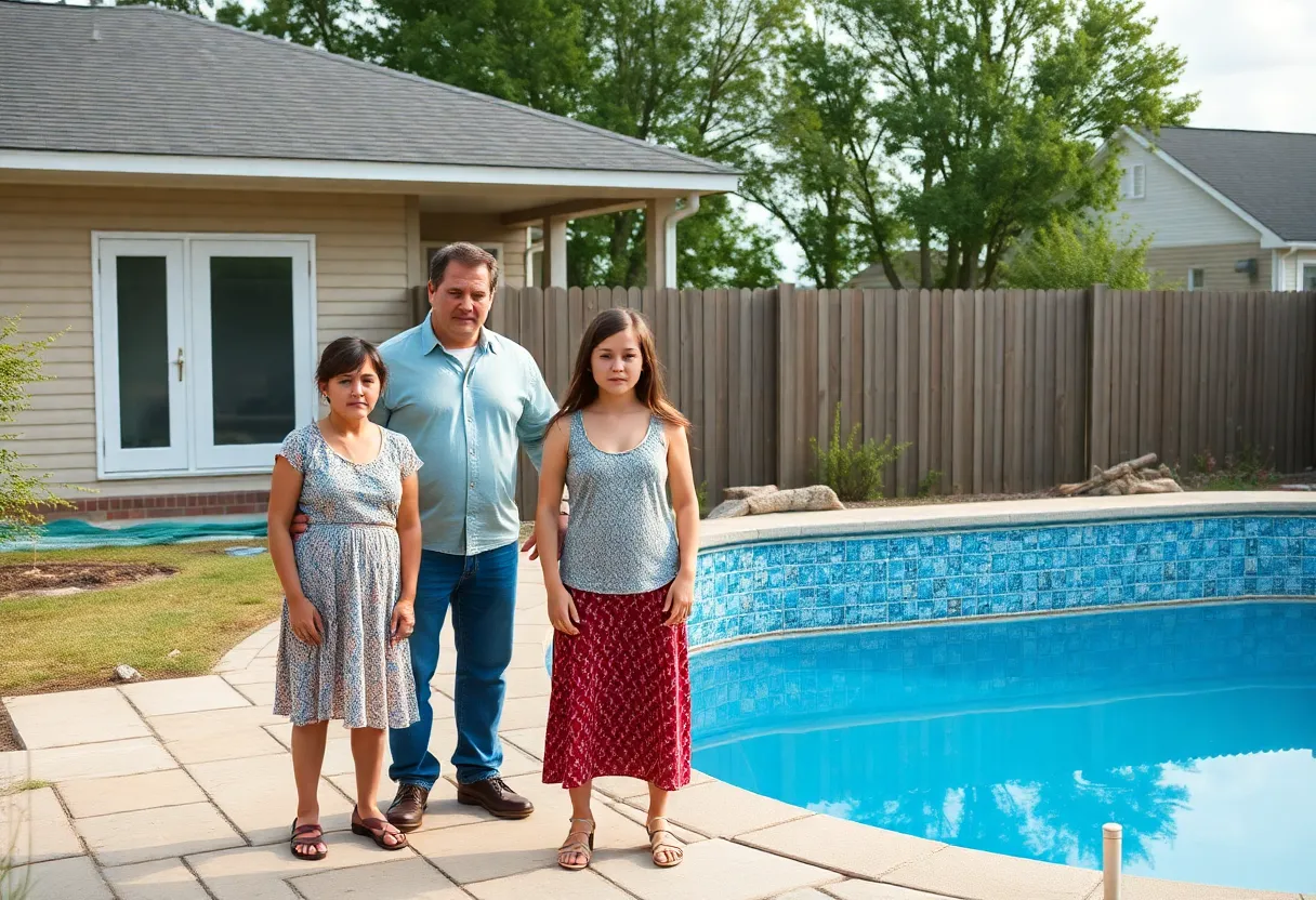 Family looking at an unfinished pool in their backyard