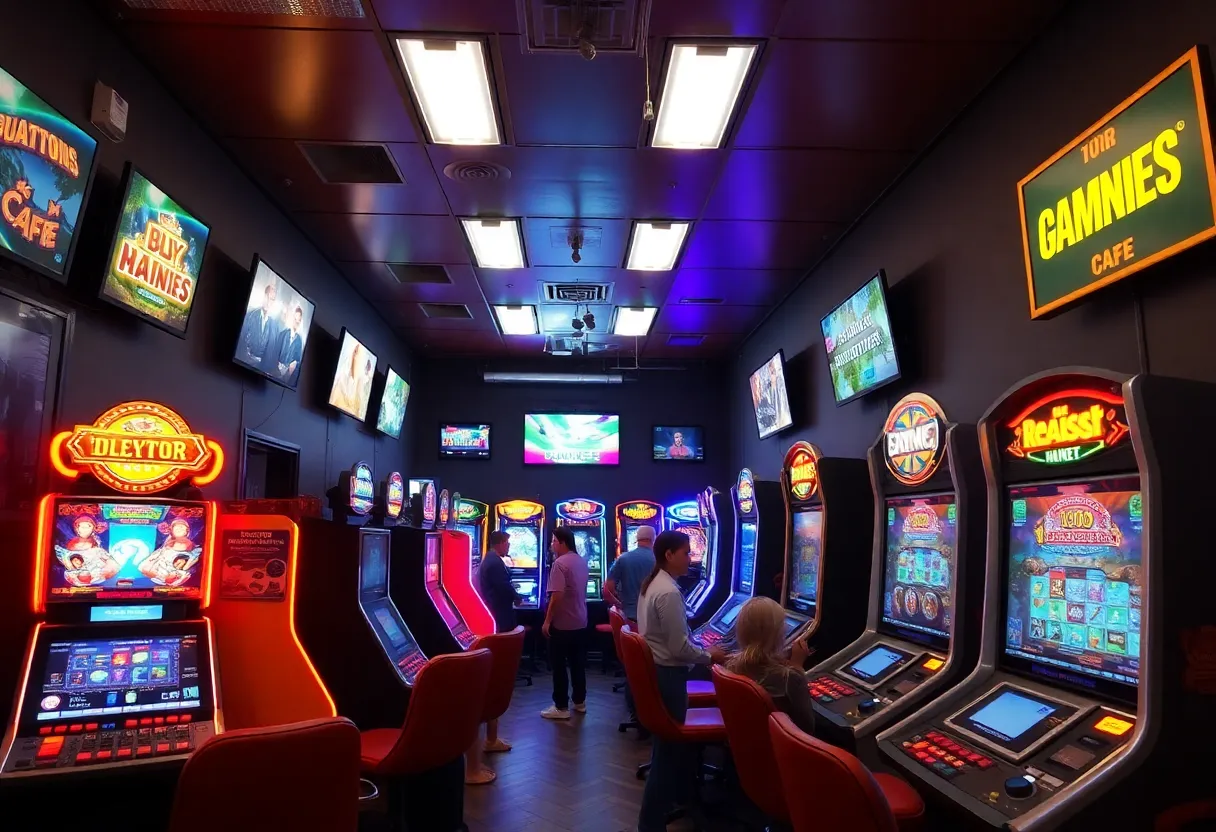 Interior view of an unregulated gaming café showing electronic gambling machines and security measures.