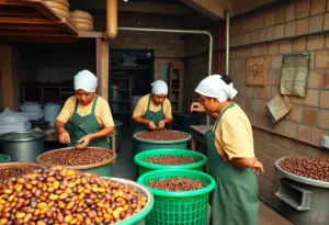 Workers at Videri Chocolate Factory processing cocoa beans