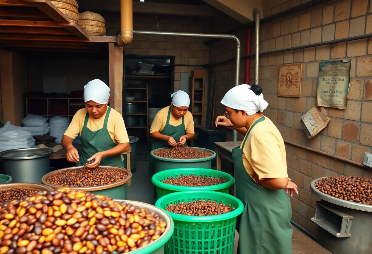Workers at Videri Chocolate Factory processing cocoa beans