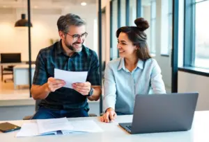 Couple reviewing mortgage documents at a desk in Raleigh, NC.