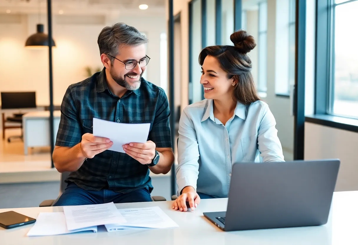 Couple reviewing mortgage documents at a desk in Raleigh, NC.