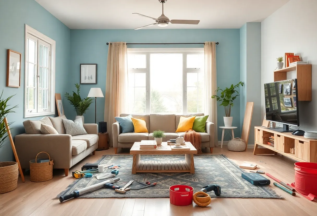 A person engaged in a DIY home improvement project in their living room.
