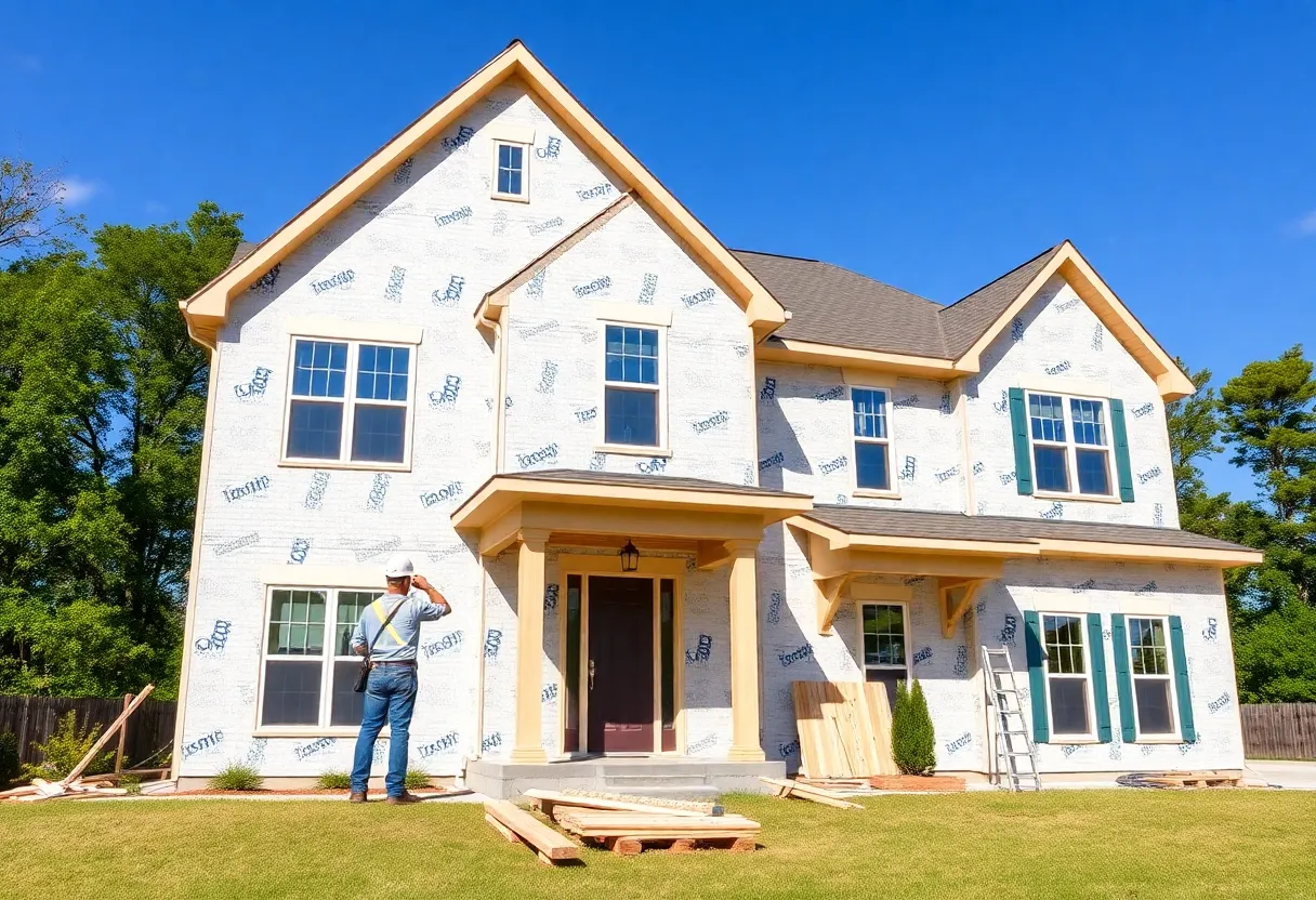 Home construction site in Raleigh, NC with builders working.