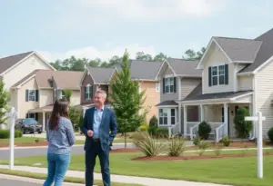 Real estate agent discussing home options with clients in Raleigh NC