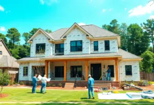 Builders constructing a custom home in a Raleigh neighborhood