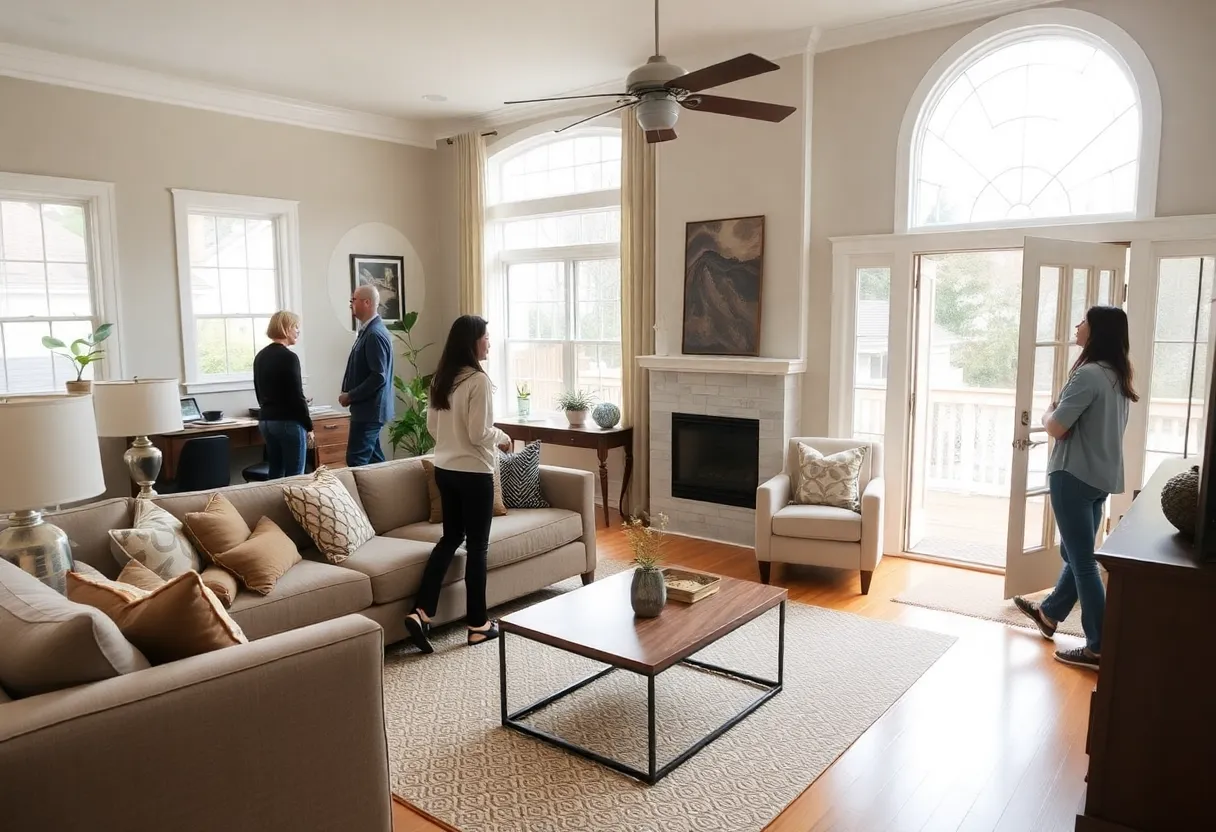 A view of an open house in Raleigh NC with families exploring the home