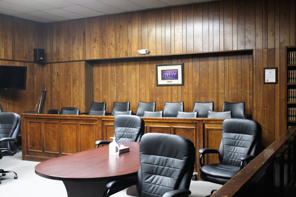 Empty courtroom with judge bench