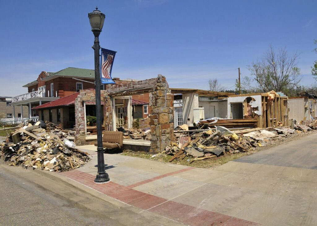 Tornado damage to homes and trees